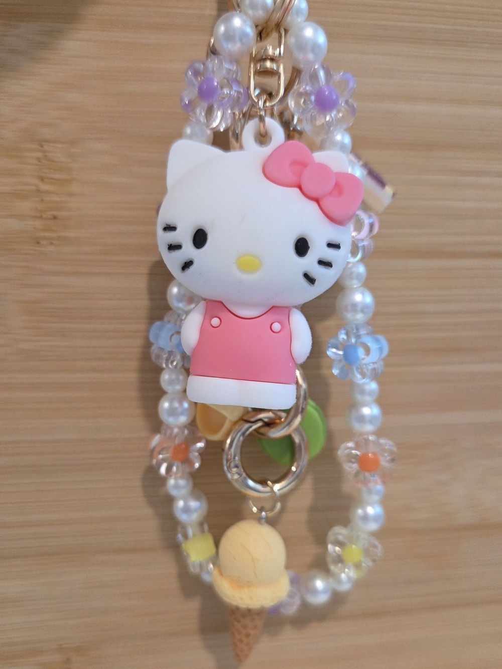 Hello Kitty Pink Bow Silicone Charm Keychain with Pearl Beads